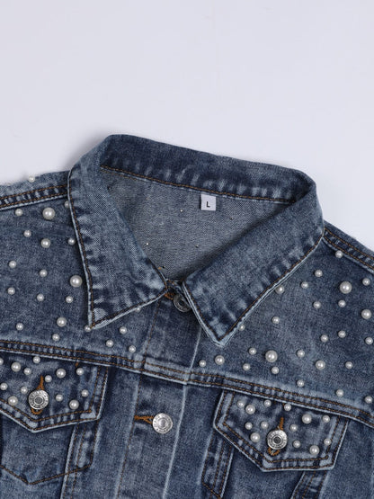 Luxe Élégance - Veste en Denim Raffinée avec Ornement Perlé Distingué