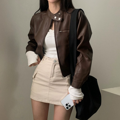Veste Vintage à Col Haut Zippé Élégance Noire