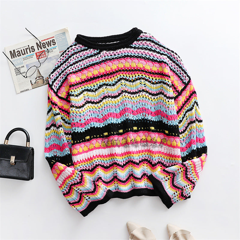 Elégance Chic - Sweater en Maille Rayée Multicolore pour Femme Moderne