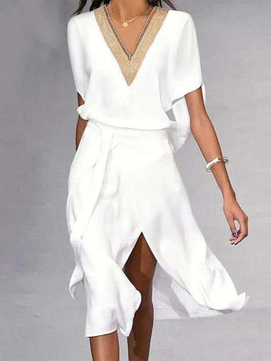 Luxe Parisien - Robe Midi Blanche Élégante à Encolure en V