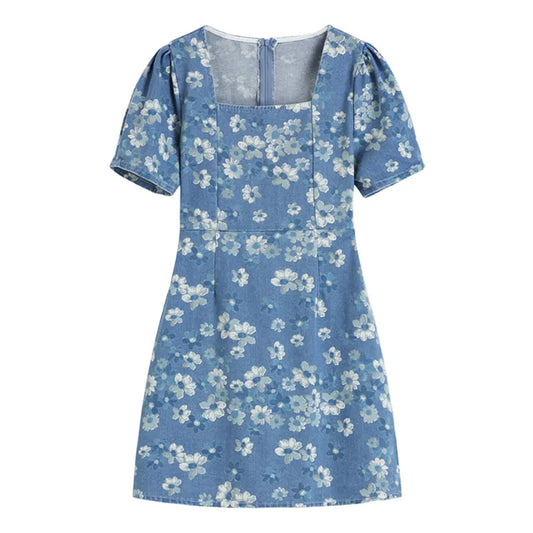 Elissa - Robe en Jean Bleu à Motifs Floraux
