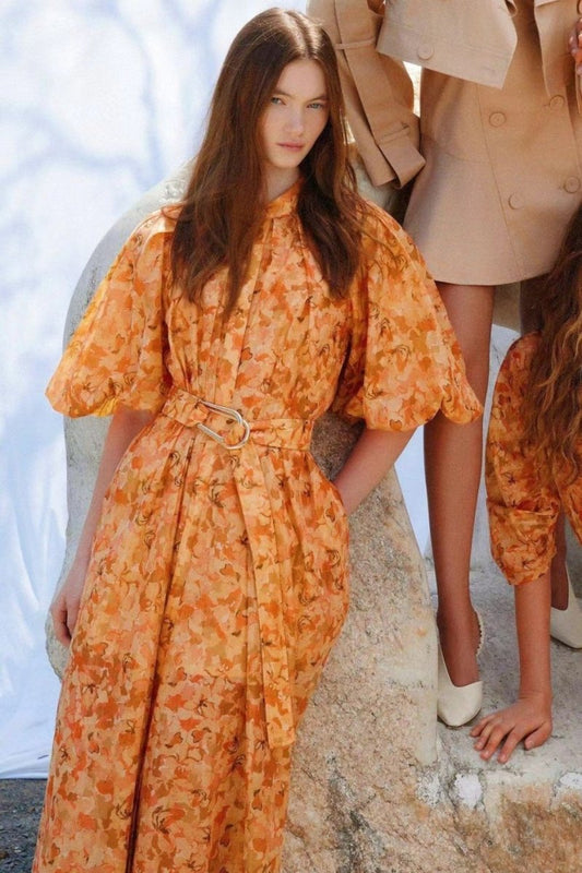 Robe Midi Élégante à Motif Floral avec Ceinture Cintrée