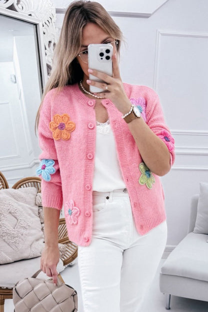 Élodie - Cardigan Tricoté Floral Chic avec Boutons