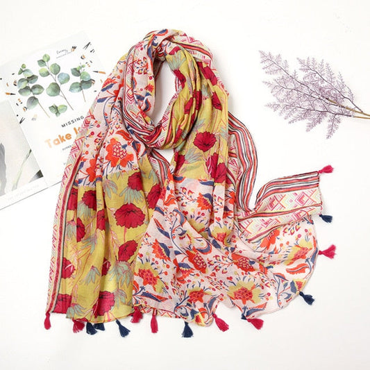 Étole Luxe Écharpes en Cachemire avec Détails Floraux et Pompons