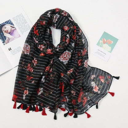 Étole Luxe Écharpes en Cachemire avec Détails Floraux et Pompons