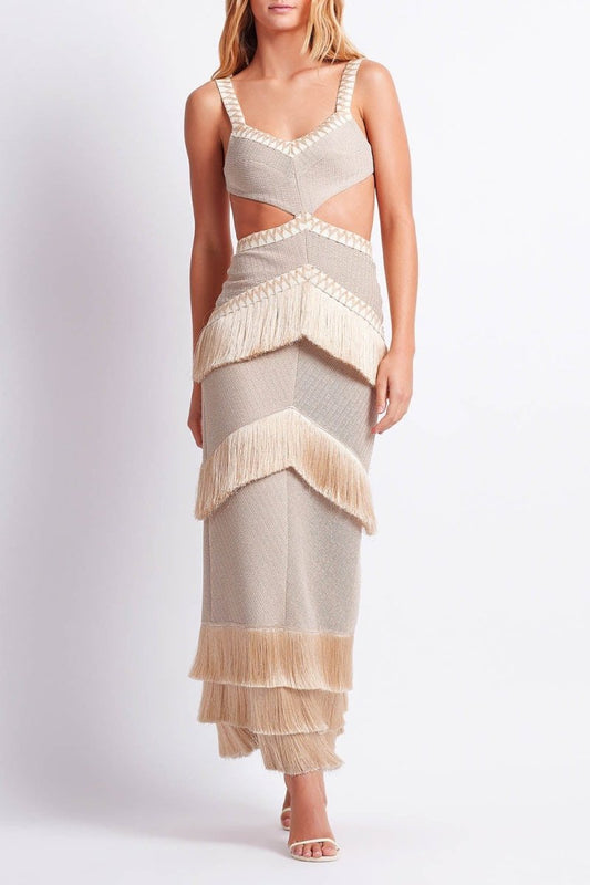Robe Élégance - Robe Maxi en Tricot avec Franges et Détails Découpés