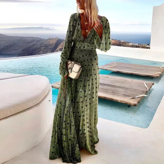 Céline - Robe Longue Sophistiquée à Pois avec Détails Raffinés